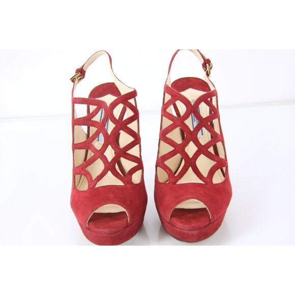 Prada Caged Red Suede Strappy Platform Open Toe Sandals - Picture 7 of 11